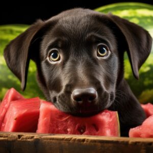 Black Puppy Enjoying Eating Watermelon