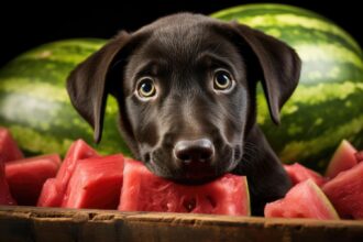 Black Puppy Enjoying Eating Watermelon